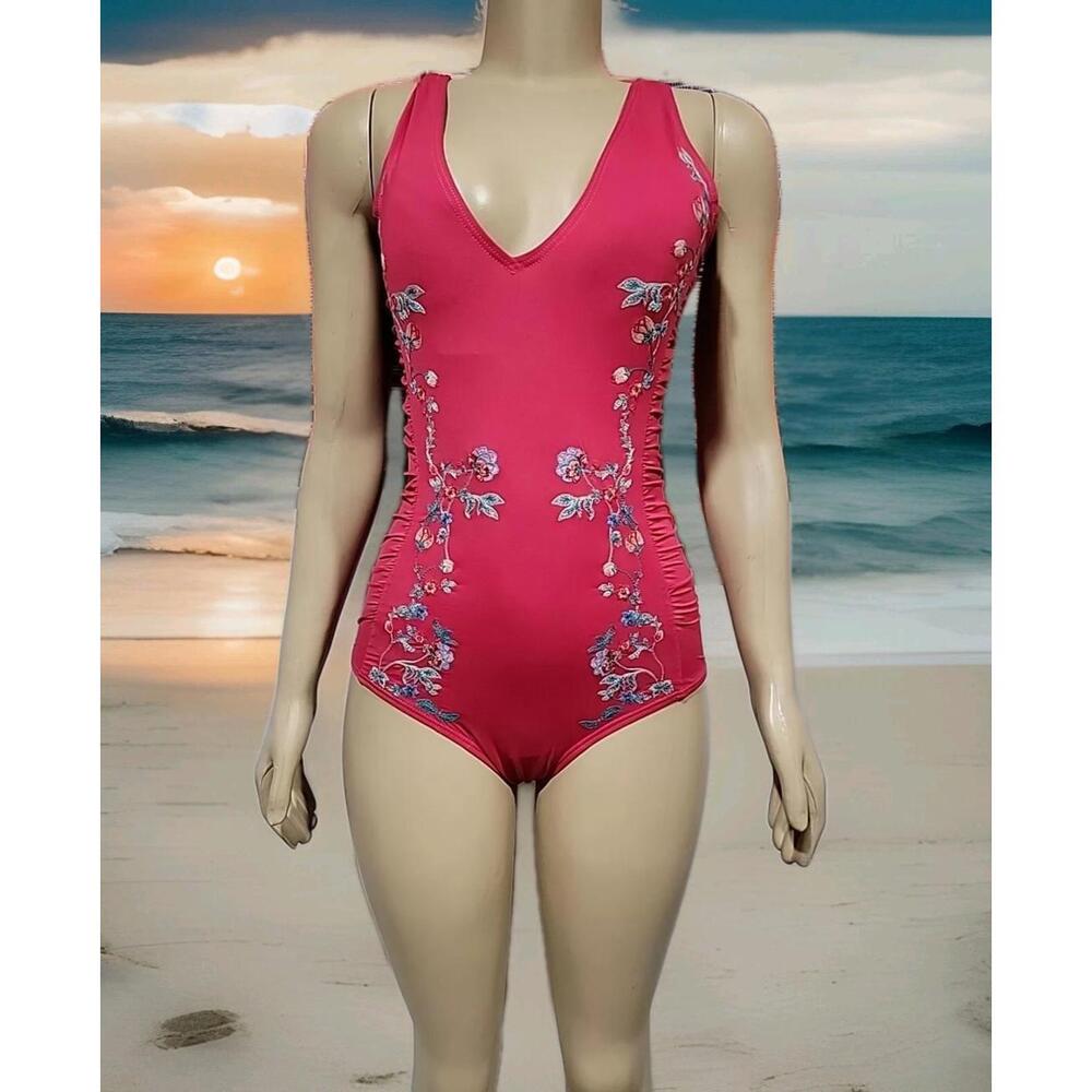 Sundance Swimsuit One Piece XS Pink Embroidered Ruched Sides #3